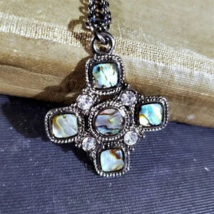 Abalone Paua Shell Maltese Cross Gunmetal Gray Black Metal Pendant Necklace